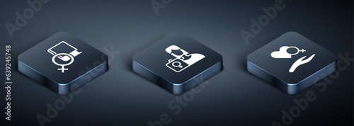 Set Isometric Book about women, Heart with female gender and Feminist activist icon. Vector