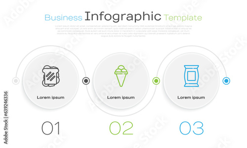 Set line Sandwich, Ice cream in waffle cone and Bag or packet potato chips. Business infographic template. Vector