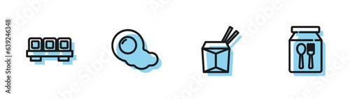 Set line Asian noodles and chopsticks, Sushi on cutting board, Scrambled eggs and Online ordering delivery icon. Vector