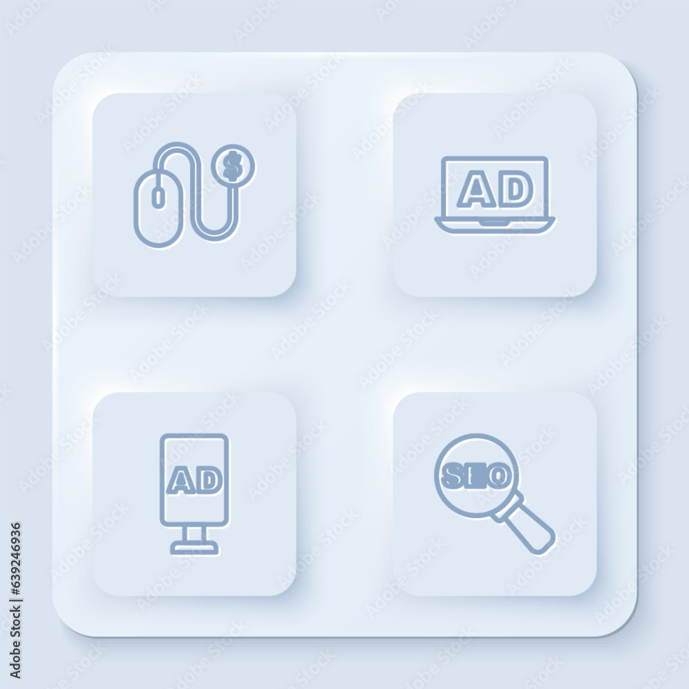 Set line Advertising, , and SEO optimization. White square button. Vector
