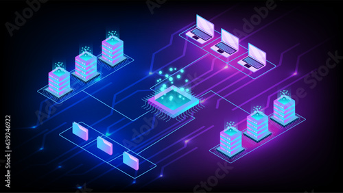 Futuristic infrastructure of a smart city. Residential urban buildings for isometric innovation flat design. Digital communication technology.