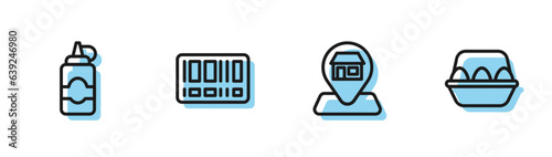 Set line Location Market store, Sauce bottle, Barcode and Chicken egg in box icon. Vector