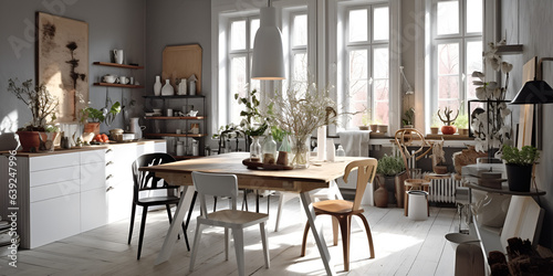 A typical Scandinavian kitchen with a dining table and chairs and stylish interior architecture is topped with a wooden tabletop or shelf and contemporary minimalist vases