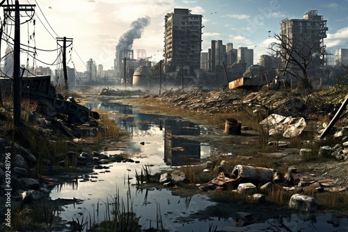 An urban wasteland showing remnants of a once thriving city. Generative AI © Xanthe