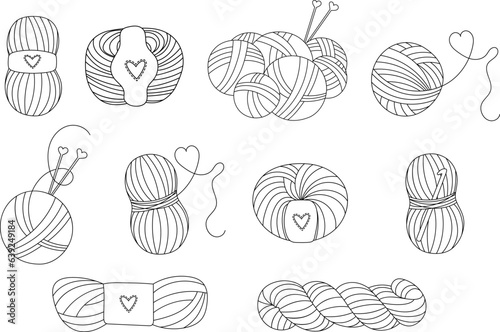 Set of line doodle yarn balls and skeins for knitting and crocheting. 