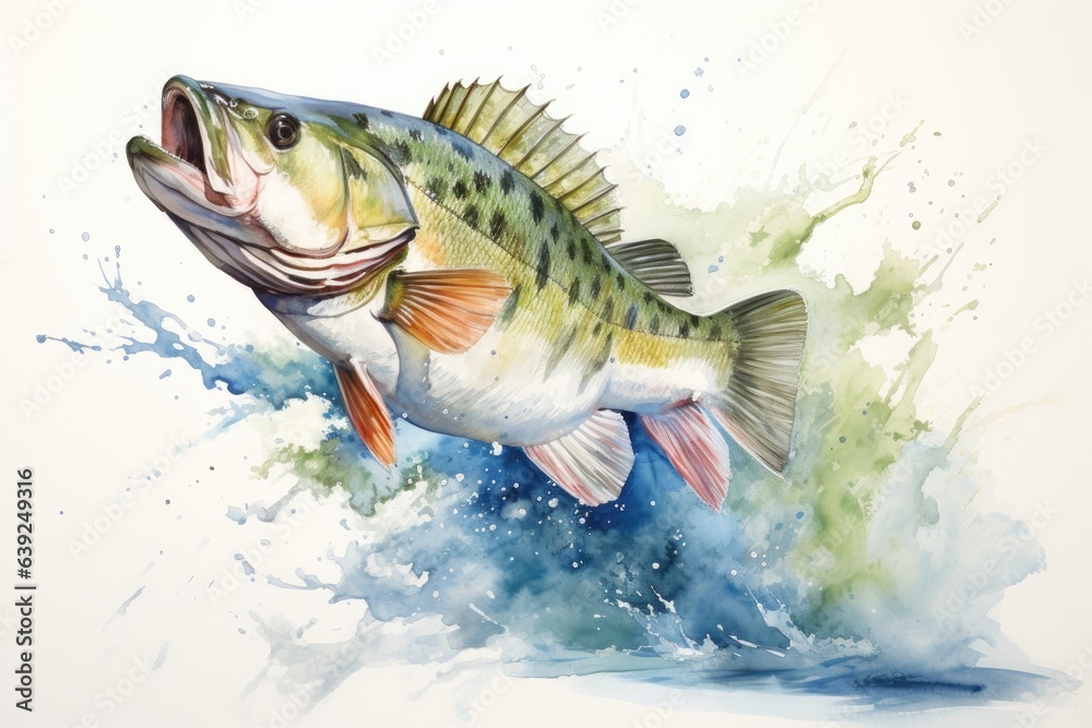 watercolor bass fish jumping on white background - obrazy, fototapety, plakaty 
