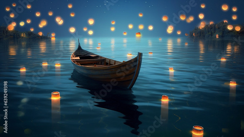 river celebration lantern lamp festival night boat travel light water. Generative AI. © VICHIZH