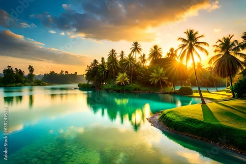 a lost island, surrounded with beautiful ancient arora, coconut trees,  tress, there's a river,bluish clear water, heavenly beauty © zar