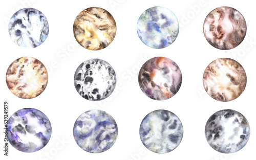 Set of space planets with texture and streaks, colorful abstract geometric circle. Watercolor illustration isolated on transparent background
