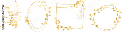 Linear vector gold monograms and floral border, Design for invitations. Gold frame. Botanical line art silhouette golden leaves. Vector Gold floral. Place for your text. Floral frame set