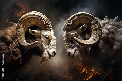 Two rams battling with their horns. Generative AI photo