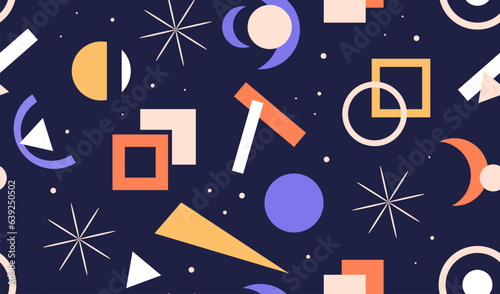 Geometric simple shapes and figures vector flat illustration. Abstract textured rectangle and semicircle decorated by spatter seamless pattern. Creative contemporary minimalistic wallpaper.