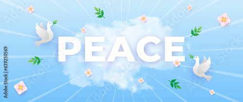 international day of peace blue banner, with dove, leaf and cloud elements
