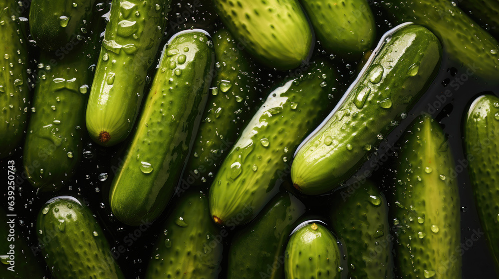 Crunchy green pickles with waterdrops - obrazy, fototapety, plakaty 