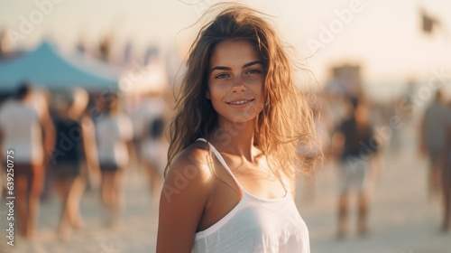 a young girl wearing a white top at the beach festival