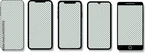 Vector illustration features five different models of smartphones with blank screens and different features. You can easily edit the size, color, and shape of the devices to match your style.