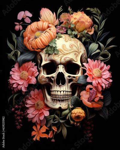 Generated photorealistic image of a human skull with gold patterns and flowers on a black background