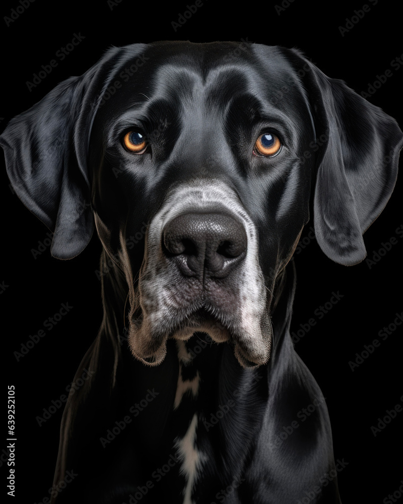 Generated photorealistic image of a spotted great dane with a big black nose