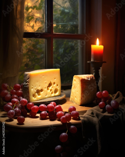Generated photorealistic image of a rustic room with a window and a table on which grapes, a candle and cheese