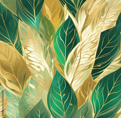 Green leaf background with gold and yellow tint. Generative AI.