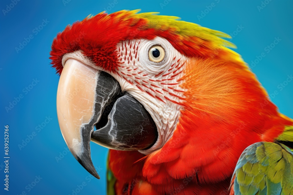 Obraz premium red colourful parrot on blue background, ai generated
