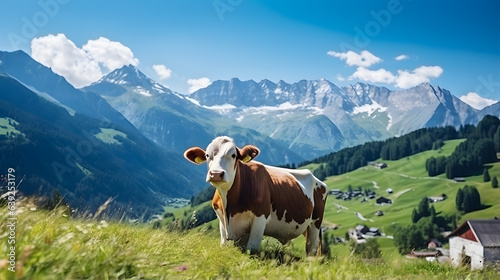Photographie Cow grazing in a mountain meadow in Alps mountains, Tirol, Austria