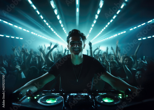 A dj giving music performance in a huge crowded stadium electronic music arena stage. Epic lights and atmosphere. Dj stretching both hands up 