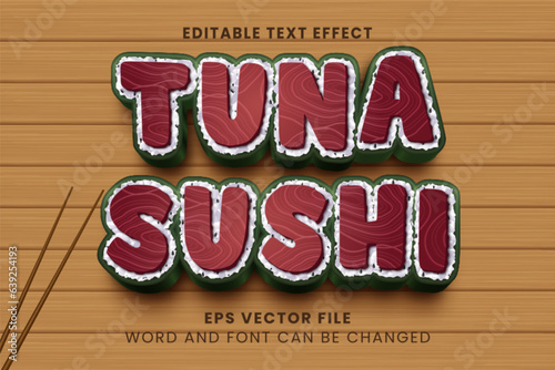 Tuna sushi 3d editable vector text effect. Food font style