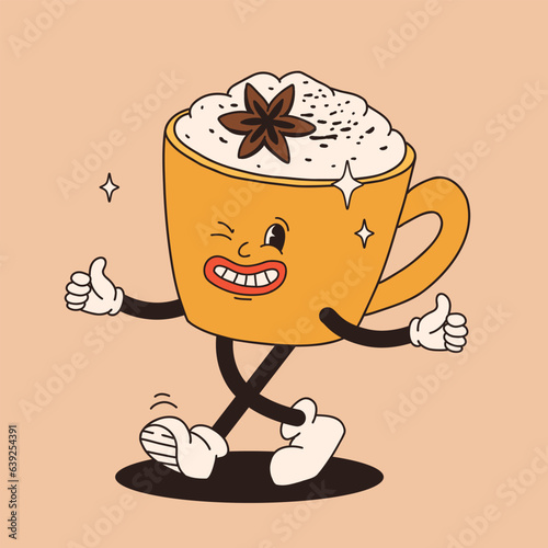 Funny Retro cartoon Pumpkin Character in groovy 50s, 60s, 70s Vintage Style. Happy Autumn mascot with pumpkin spice latte, pumpkin pie, pudding, cake, cupcake, waffles, donut and coffee.