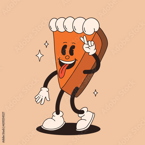 Funny Retro cartoon Pumpkin Character in groovy 50s, 60s, 70s Vintage Style. Happy Autumn mascot with pumpkin spice latte, pumpkin pie, pudding, cake, cupcake, waffles, donut and coffee.