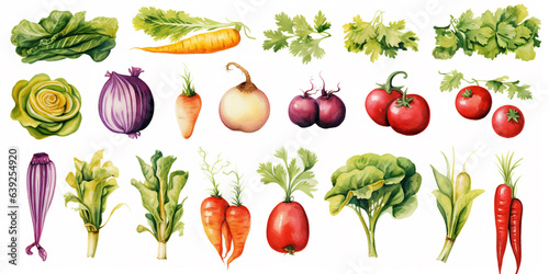 Set of vegetable watercolor on white background.