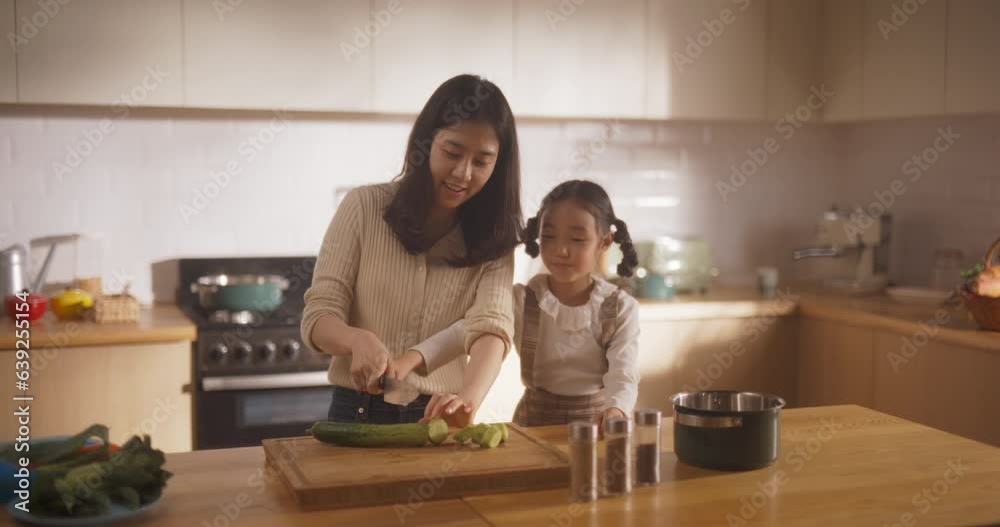 Slow Motion of Beautiful Young Korean Mother Teaching her Cute Little Daughter How to Cook. Mother and Female Child Spending Time Together, Learning how to Use a Kitchen Knife Safely Slow Motion of Beautiful Young Korean Mother Teaching her Cute Little Daughter How to Cook. Mother and Female Child Spending Time Together, Learning how to Use a Kitchen Knife Safely