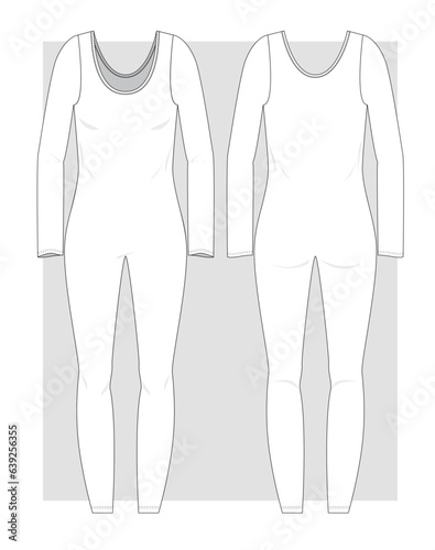 Jersey sport jumpsuit with long legs, long sleeves and round neck technical sketch. Vector illustration. photo