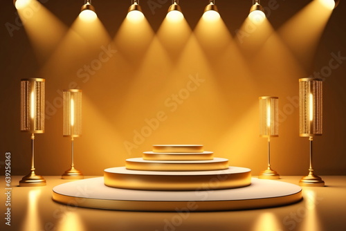 Eine leere goldene Bühne für die Besten der Besten. Beliebig füllbar. Goldene Bühnenstrahler und Dekoration.