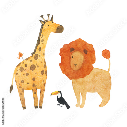 African animals watercolor illustration isolated on white background