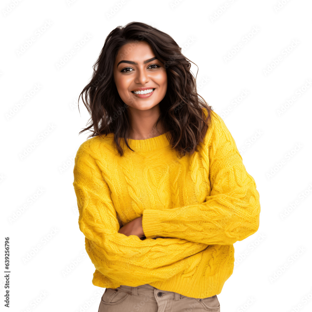 Attractive indian woman wearing bright yellow cozy knitted sweater. Isolated on transparent background - obrazy, fototapety, plakaty 