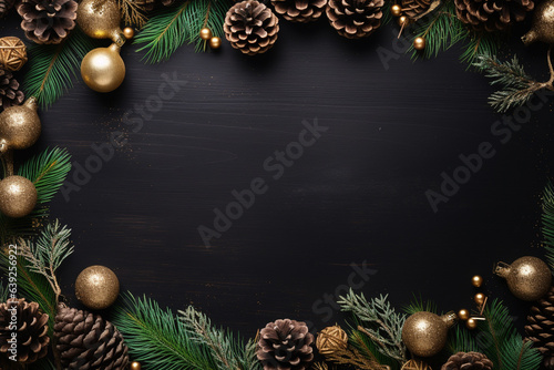 Christmas frame of golden and blue Christmas decorations on  chalk board , AI generated