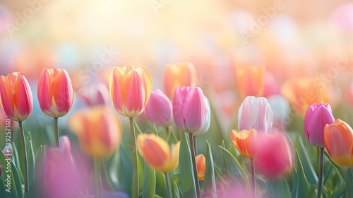 Tulip Rhapsody in Nature's Bokeh Background - A Floral Delight Capturing the Essence of Spring - A Radiant Canvas for Empty Copy Space - Bokeh Tulips Backdrop created with Generative AI Technology