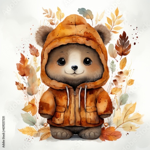 Cute autumn watercolor baby bear isolated
