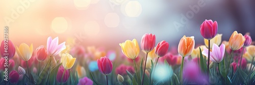 Tulip Rhapsody in Nature's Bokeh Background - A Floral Delight Capturing the Essence of Spring - A Radiant Canvas for Empty Copy Space - Bokeh Tulips Backdrop created with Generative AI Technology © Generative Plants