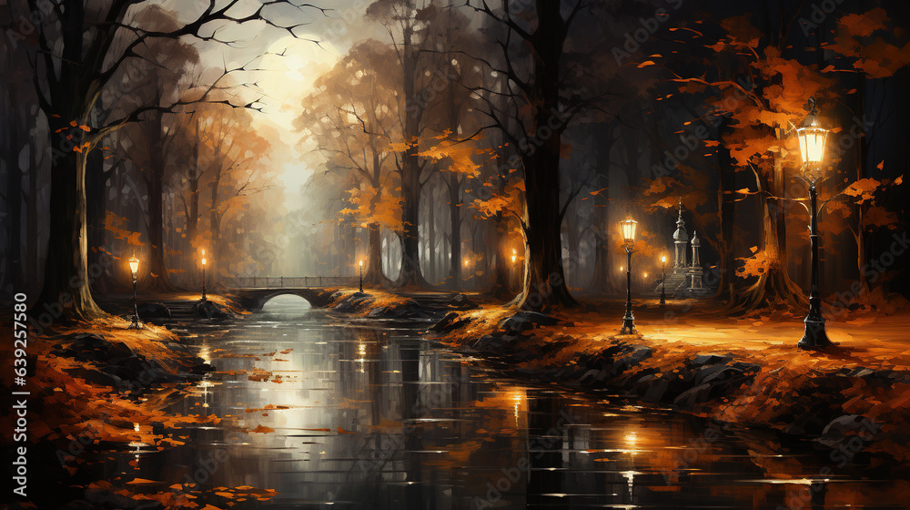 Watercolor Painting Autumn Night Trail of Trees with Glowing Lamps Pole in a Quiet Park