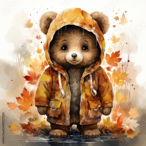 Cute autumn watercolor baby bear isolated