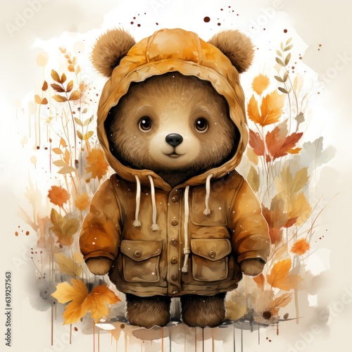 Cute autumn watercolor baby bear isolated
