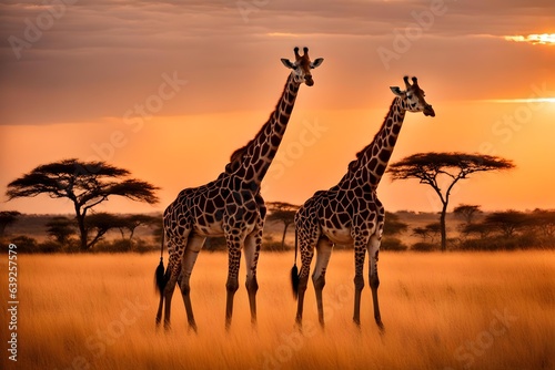 Large South African Giraffes at Sunset in Africa