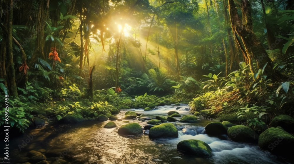 Obraz premium River Floating in Lush Green Forest with Sunlight Filtering Through Trees