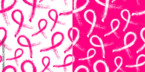 Set of Calligraphic Hot Pink Awareness Ribbon Brush stroke, Seamless and repeatable pattern on white and hot pink backgrounds. Editable and scalable Vector Illustration.
 photo