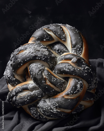 Generated photorealistic image of a crispy black pretzel photo