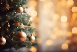 Decorated Christmas tree on blurred bokeh background.