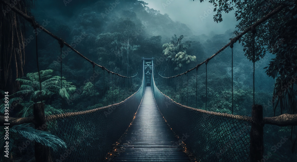 Fototapeta premium A Suspension Rope Bridge in The Misty Green Jungle