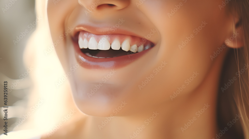 A beautiful young woman laughing happily. Mouth detail, dental health or dental clinic concept. Generative AI A beautiful young woman laughing happily. Mouth detail, dental health or dental clinic concept. Generative AI